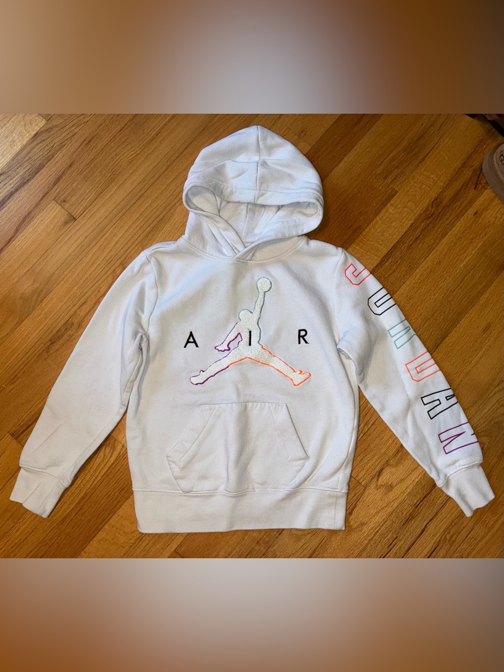 Jordan Kids White Hoodie with Multicolor Outline Jumpman